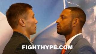 INTENSE GENNADY GOLOVKIN AND KELL BROOK COME FACE TO FACE NEITHER BREAKS STARE DURING FACE OFF [upl. by Aiahc265]