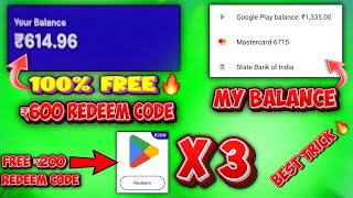 FREE ₹600 PLAY STORE REDEEM CODE  BEST FREE REDEEM CODE TRICK  FREE REDEEM CODE TRICK IN BGMI [upl. by Nnylidnarb]