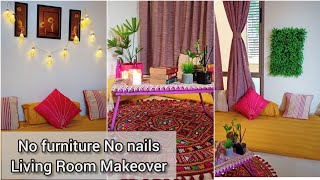 No Sofa No Nails No Mattress Living Room Makeover 2021😍 Rental amp Budget Friendly Makeover [upl. by Eseryt]