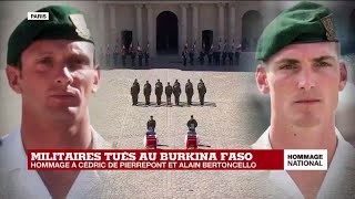 Hommage national aux deux commandos  les cercueils des militaires quittent la cour des Invalides [upl. by Kirt]