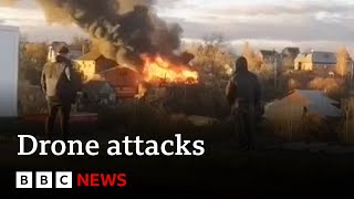 Ukraine and Russia exchange drone attacks  BBC News [upl. by Eelram]