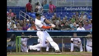 Giancarlo Stanton Home Run Baseball Swing Slow Motion Hitting Mechanics Analysis Hit out of Stadium [upl. by Perlis132]