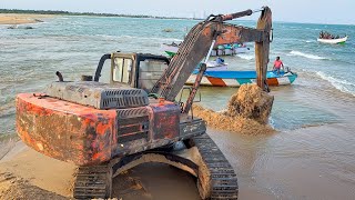 TATA EX 220 Excavator dig on Sea for Making Boat Way in Manapad Beach  Jcb video  Backhoes [upl. by Adnaluy]