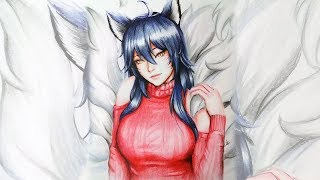 Drawing Ahri  Nine Tailed Fox Girl  Fan Art  Pencil Glue [upl. by Alikahs896]