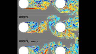 Tandem cylinder DDES vs IDDES vs compr IDDES in jet spanwise vorticity on slice plain [upl. by Rosenberger]