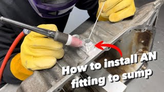 Installing 10 AN fitting to Honda K20 sump for turbo oil drain  Aluminium TIG welding [upl. by Nahem]