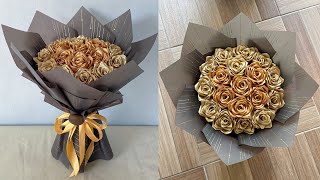 DIY  How to Make a Bouquet of Roses from Satin Ribbons Easy  Wrapping a Round Flower Bouquet [upl. by Idnyl]