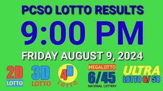 9pm Lotto Results Today August 9 2024 ez2 swertres 2d 3d pcso [upl. by Vallonia513]