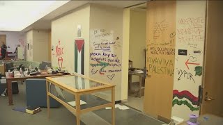 Graffiti broken ceiling tiles seen inside Portland State library from protest [upl. by Ijuy]