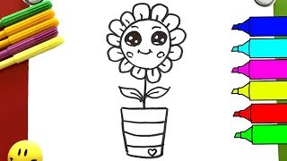 How To Drawing Flower in a Pot  Coloring Pages with Crayons [upl. by Esinrahc]