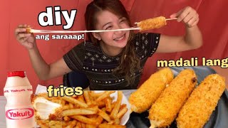 DIY KOREAN CHEESE CORN DOG  FRIES  YAKULT mukbang [upl. by Trust]