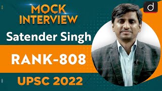 Satender Singh Rank 808  UPSC CSE 2022  English Medium  Mock Interview  Drishti IAS English [upl. by Roselba]