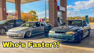 18t K04 Mk4 GTI vs 58L V8 Mustang [upl. by Gottwald835]