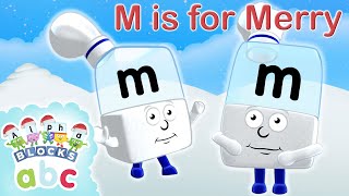 officialalphablocks  M is for Merry  Christmas Time  Phonics [upl. by Redmer]