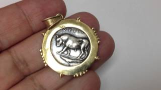 LUCANIA METAPONTION GREEK SILVER COIN 14k GOLD BEZEL THURIUM BULL STATER [upl. by Meuser]