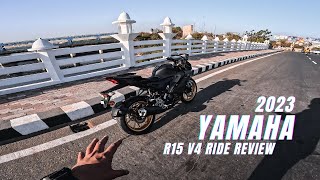 2023 Yamaha R15 V4 Ride Review  Introducing New Matte Black with Golden Rims  Worth Buying [upl. by Annirak]