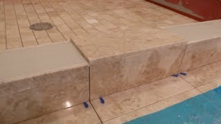 Part quot5quot How to tile shower curb amp measure all cuts to shower floor amp main bathroom floor DIY [upl. by Ralston]