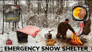 Solo Overnight Building an Emergency Shelter in The Snow and Steak with Eggs [upl. by Reifel543]