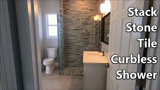 Installing Stack Stone Tile On A Curbless Shower Complete Bathroom Remodel [upl. by Htir301]