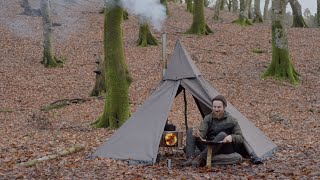 Bushcraft trip  hot tent wild camping homemade axe and knife wildlife [upl. by Norehc]