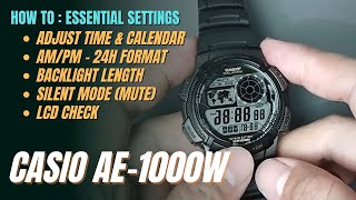 How To Set Casio AE1000W Adjust Time Date 1224H Backlight Silent LCD Check AE1000W AE1000 [upl. by Oiruam484]