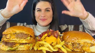 BIG JUICY BURGERS amp CHEESE BACON FRIES  MUKBANG  ASMR  EATING SOUNDS [upl. by Eruot]