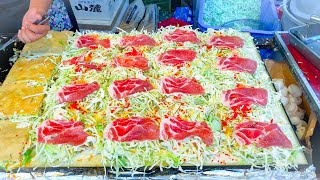 japanese street food  OKONOMIYAKI お好み焼き [upl. by Enaitsirk]