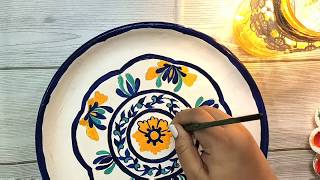 DIY hand painted Plate  Jaipur Blue pottery painting  Ceramic or Melamine plate paintingUpcycling [upl. by Cardie]