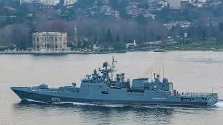 Russian Navy Admiral Grigorovich class frigate ADMIRAL ESSEN 490 transits Istanbul towards Black Sea [upl. by Halueb]