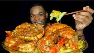 GIANT LOBSTER TAILS SEAFOOD MUKBANG  LOBSTER TAILS  SHRIMP BAKED PASTA MUKBANG [upl. by Enileve368]