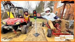 Mud racing kids ride on truck vs dads gokart through mud jump and woods Educational  Kid Crew [upl. by Stillas]