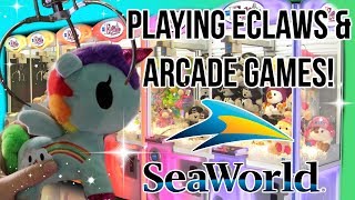 Playing Eclaw Claw Machines amp Arcade Games at SeaWorld  VLOG [upl. by Perkin]