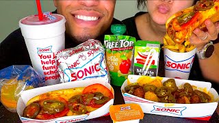 ASMR EATING SONIC JERRY WIFE CHILI CHEESE HOT DOG CHEESY FRIES HASH BROWNS MUKBANG NO TALKING [upl. by Alihs]