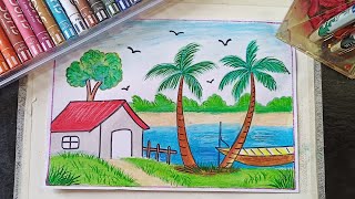 beautiful village scenery village scenery drawing  village scenery drawing easy oil pastel [upl. by Aysab]