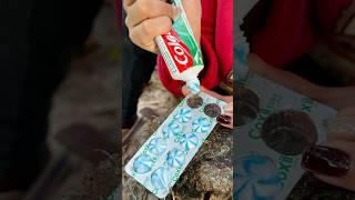 Single mom show cleaning teeth to save toothpaste in forest camping bushcraft outdoor forest [upl. by Litsyrk116]