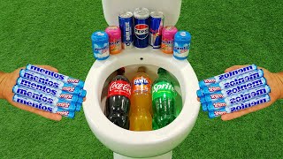 Big Coca Cola Fanta Sprite VS Popular Sodas  Pepsi Red Bull Dark Blue and Mentos in the toilet [upl. by Leile]