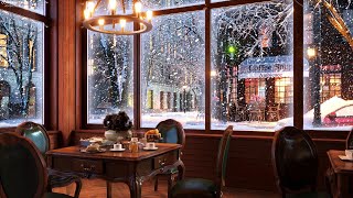 Snow Night on Window at Coffee Shop Ambience with Relaxing Smooth Jazz Music and Snow Falling [upl. by Aneert]