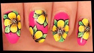 Yellow Flowers on Neon Pink nail art [upl. by Latsyrd]