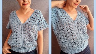 Blusa a crochet con cuello en V para mujer ¡SÚPER FÁCIL y paso a paso [upl. by Stallworth979]