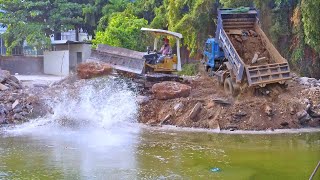 Best New Project New Project Earth Moving Truck Loads Stones to Fill Pond Pushed by Experts Dozer [upl. by Herve292]