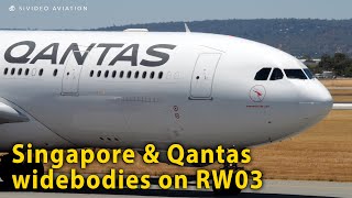 Singapore 9VSHT and Qantas VHZNA arrive and Qantas VHEBG departs RW03 at Perth Airport [upl. by Kotta]