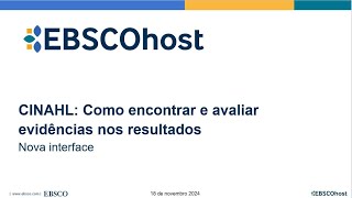 CINAHL Itinerary  Sessão 5 CINAHL Finding and Evaluating Evidence in Outcomes [upl. by Adina]