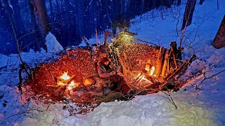 How to survive at night in FREEZING DEEP SNOW  Bushcraft camping Wilderness cooking [upl. by Anirbys]