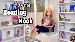 DIY Barbie Doll Room  Reading Nook Window Seat Mini Books Fairy Lights Doll Library [upl. by Suoivatnod]