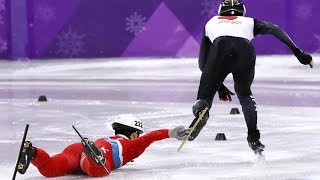 North Korean Olympic Speed Skater Intentionally TRIPS Opponent After Falling to the Ice [upl. by Lhok]