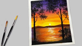 Easy Landscape Painting Sunset with Acrylic Colour  Scenery Drawing for Beginners [upl. by Enawtna917]