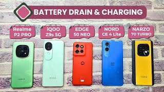 BATTERY Drain amp CHARGE  Realme P2 Pro vs iQOO Z9s vs Moto Edge 50 Neo vs Narzo 70 Turbo CE 4 Lite [upl. by Darlleen]