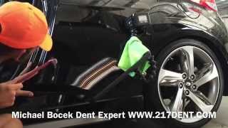 Paintless Dent Removal 2014 Hyundai Veloster body line dent and softball size edge dent Glue [upl. by Zipnick968]