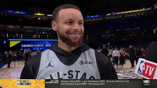 Steph Curry talks 3point contest with Sabrina  2024 NBA AllStar Practice [upl. by Kcired]