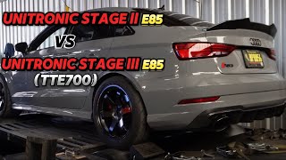 UNITRONIC AUDI RS3 STAGE ll VS STAGE lll TTE700 DYNO [upl. by Zebapda]